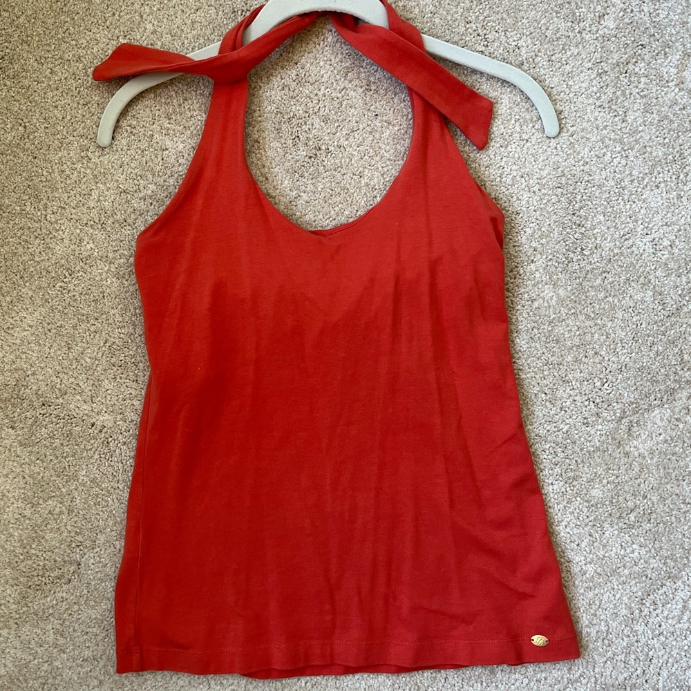 Coral halter top that pairs with the Tommy Bahama silk skirt in my closet.